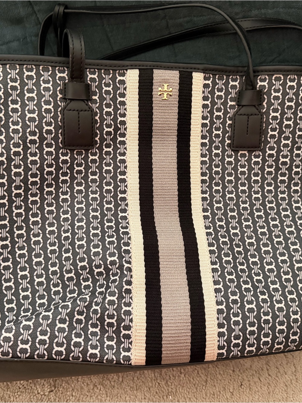 Tory Burch Black, Cream & Gray Striped Logo Tote